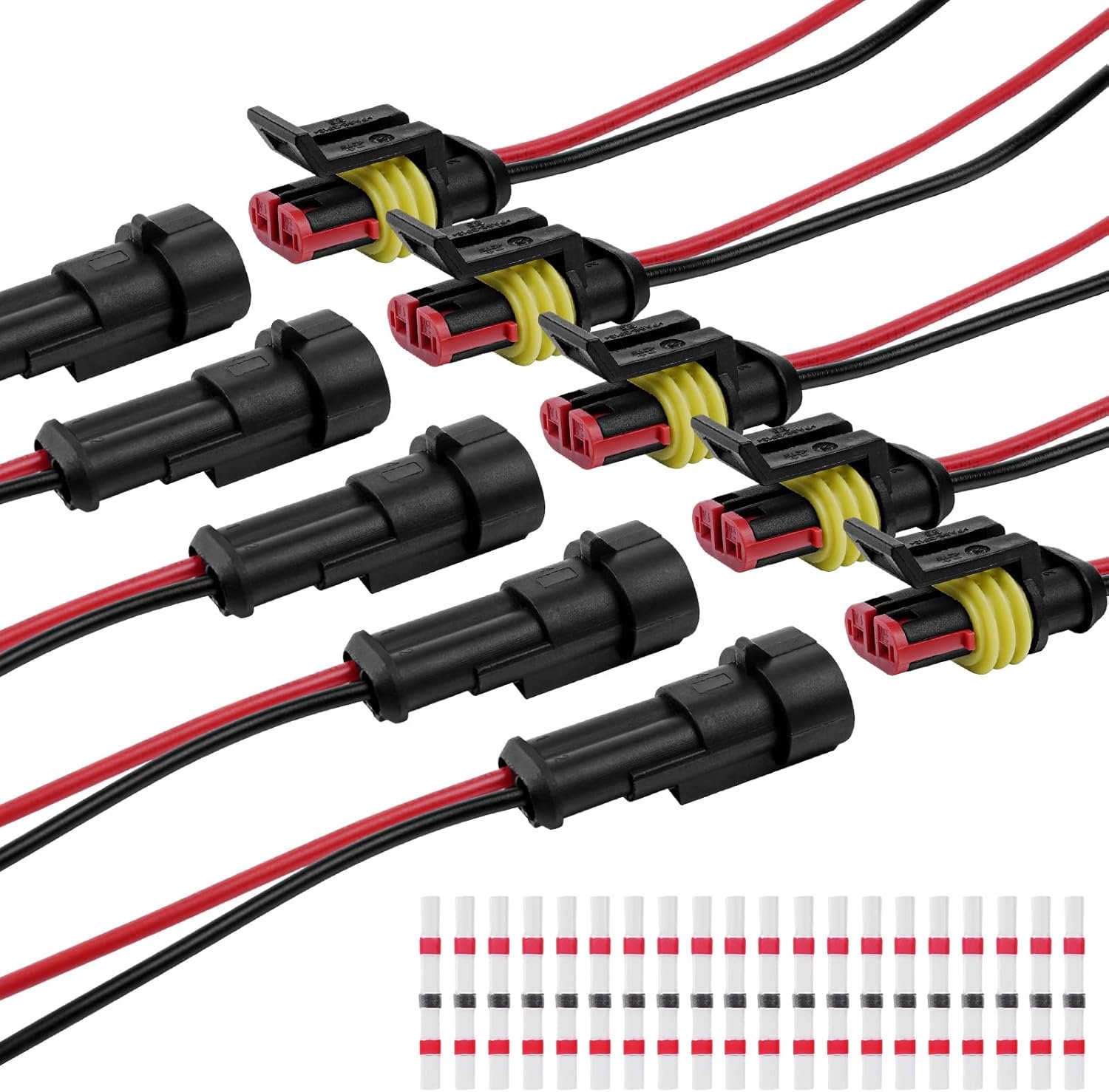 Connecteur Étanche à 2 Broche, 5PCS AWG Connecteur Étanche & 20PCS Seal Connecteurs, Imperméable Connecteurs de Fils Électriques Autobloquants à 2 Broches pour Moto/Voiture/Scooter/Camion/Bateau