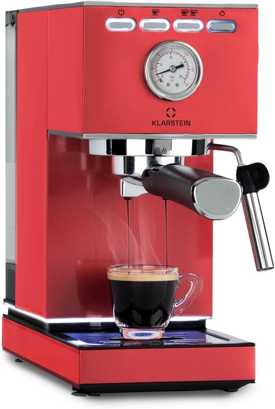 Machine à café expresso, porte-filtre de 1350 watts, machine à expresso 20 bars de pression, Expresso avec porte-filtre et réservoir d'eau de 1,4 litre, en acier inoxydable, rouge
