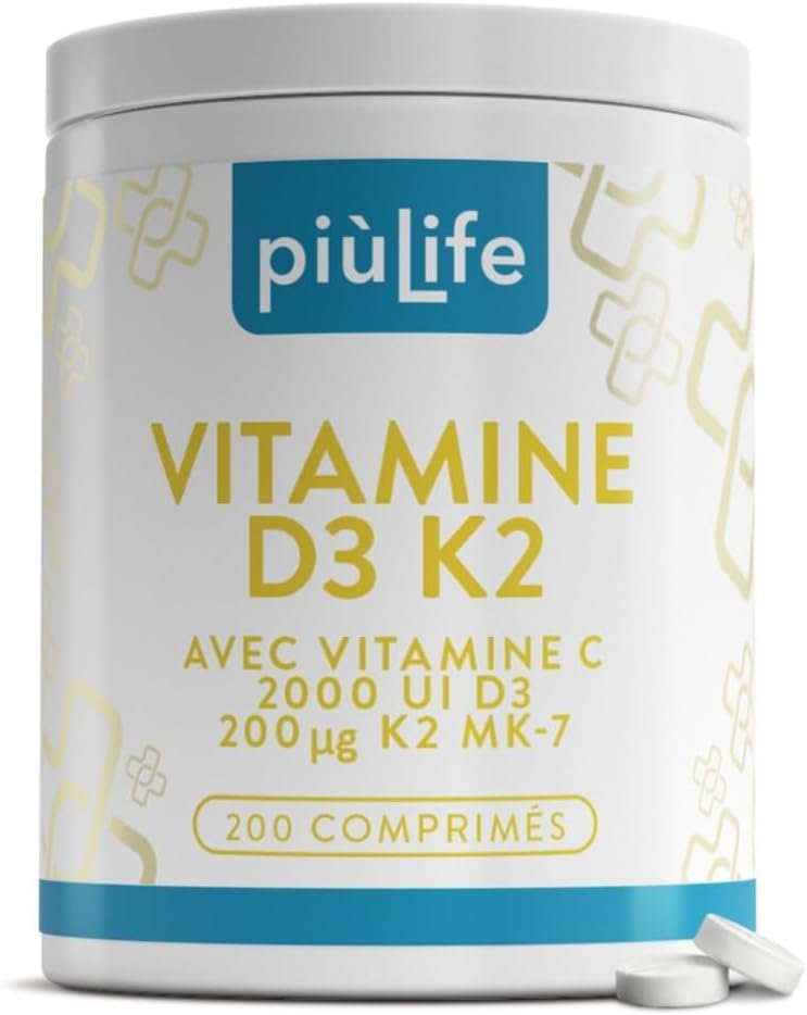 Vitamine D3 K2 MK7 + C PiùLife – 200 comprimés | 2000 UI Vitamine D, 200 µg K2, 125 mg Vit C | Immunité, Énergie & Soutien des Os et Dents | Boost Energie
