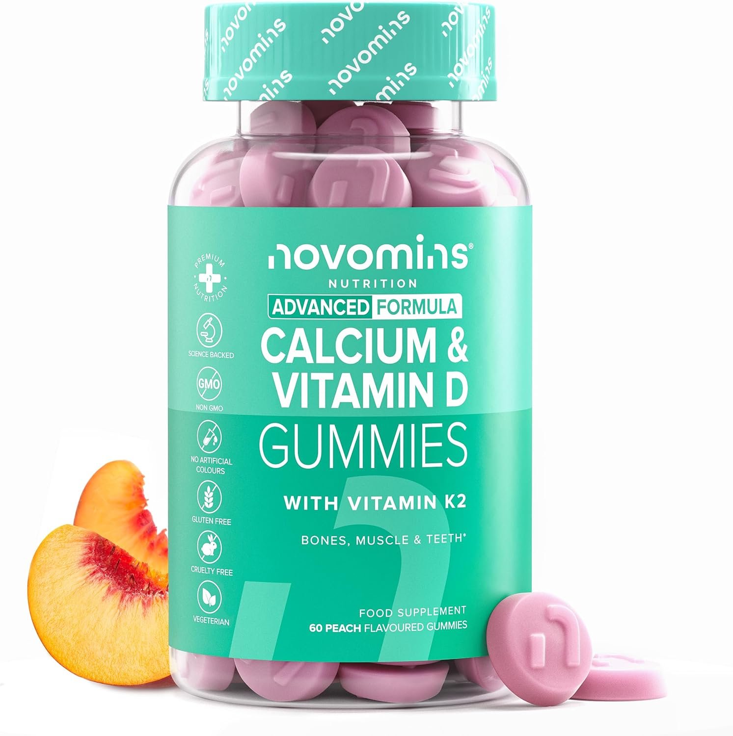Calcium, Vitamine D3 et K2 Gummies - 400 mg de Calcium, 15 µg Vitamine D3, 200 µg Vitamine K2 MK-7 - Os, Dents et Muscles - Sans Gluten, Vegetarien - Arome Peche - 60 Gummies