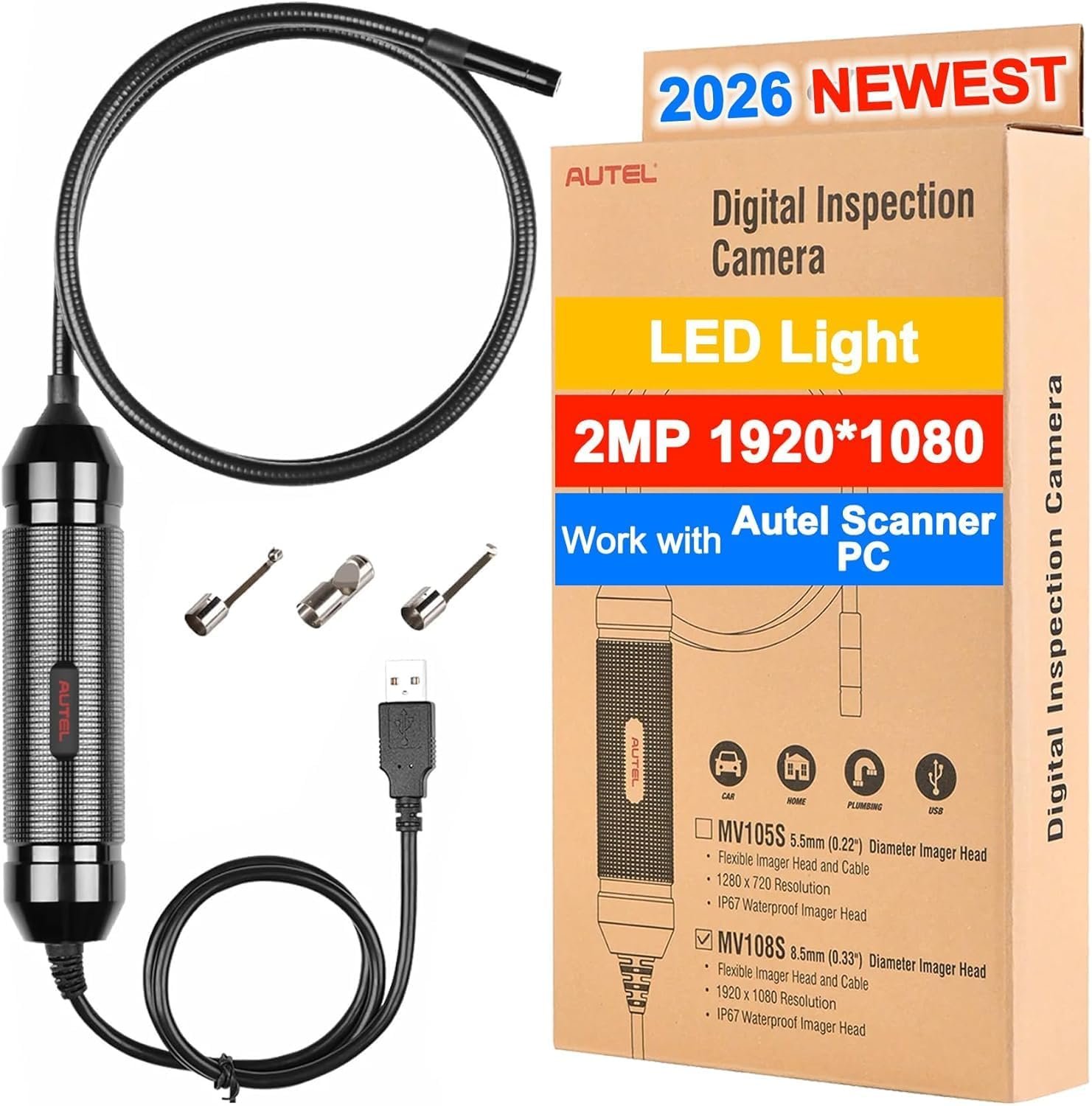 MaxiVideo MV108S Caméra Inspection Numérique, Étanche IP67 | Caméra Endoscopique HD 1920p, Endoscope Industriel USB 8.5 mm, Cordon Flexible de 39.37 Pouces, Plus Récente que la MV108