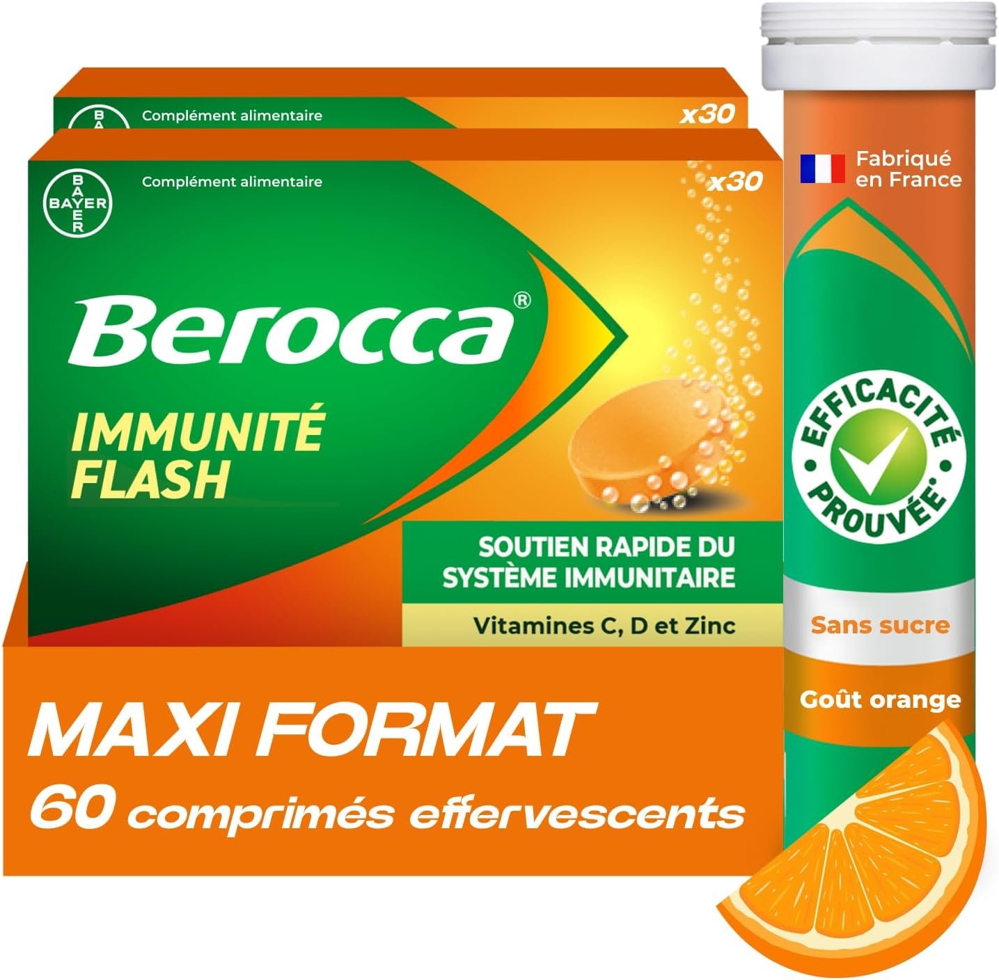 Soutient Système Immunitaire - Complément Alimentaire Immunité - Zinc, Vitamine D & C - Multivitamines et Minéraux - Goût Orange - Maxi Format 60 Comprimés Effervescents