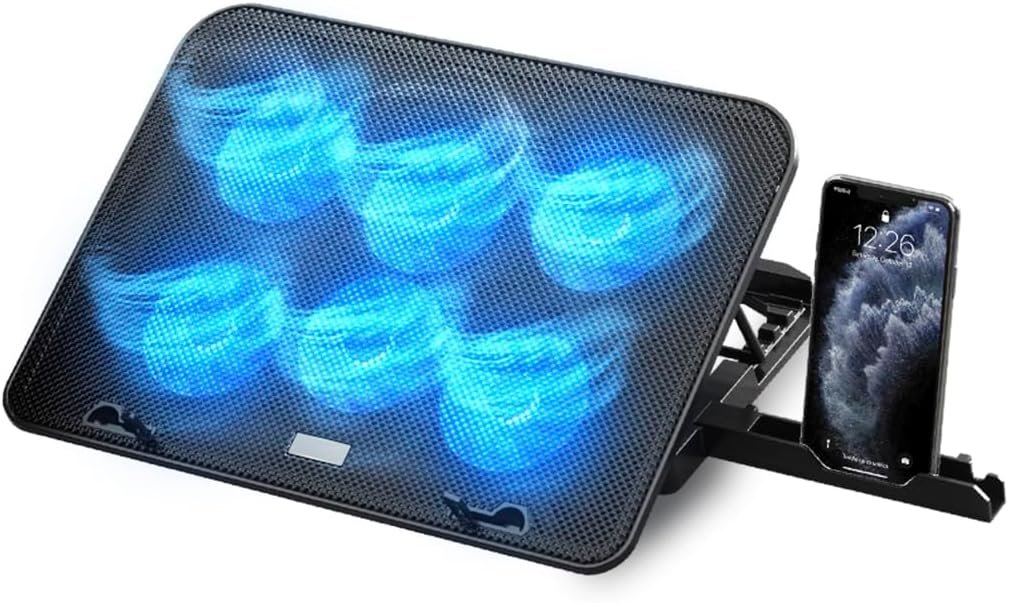 Support de refroidissement pour ordinateur portable – Compatible avec les ordinateurs de 12 à 17 pouces, équipé de 6 ventilateurs silencieux, hauteur réglable, 2 ports USB, refroidissement rapide, éclairage LED bleu, coloris noir