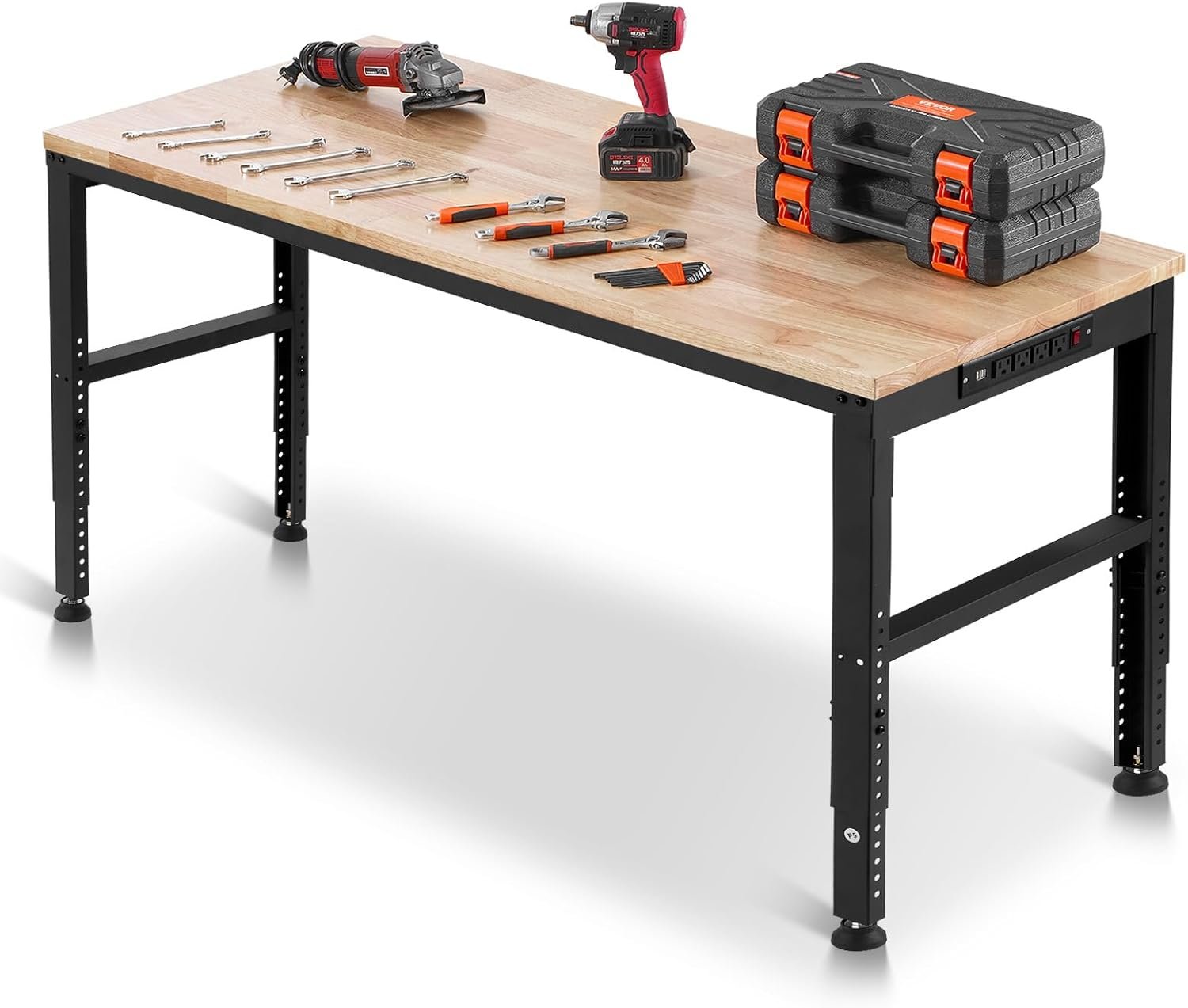 VEVOR Adjustable Workbench, 2000 lbs Capacity, 61 x 20-inch Heavy Duty Work Bench with 27.1-36 Inches Height Adjustment, Garage Workbench with Power Outlets, Suitable for Office, Garage, Workshop