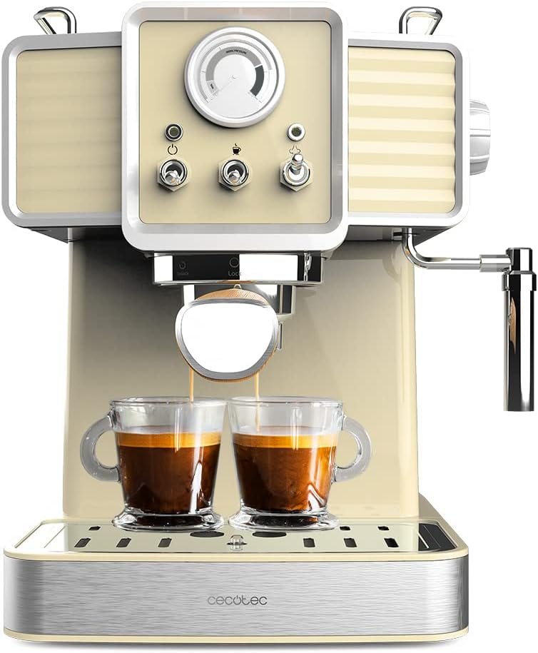 achine à Café Express Power Espresso 20 Tradizionale Light Yellow. 1350W, Espresso et Cappuccino, 20 Bars et Thermoblock, Vaporisateur, Manomètre, Design Vintage, Capacité de 1,5 Litres