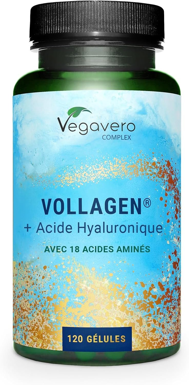 Collagene + Acide Hyaluronique Naturel | VEGAN | 2 Mois | Avec Vollagen® - PREMIUM Qualité | 18 Acides Aminés | Anti-Age + Peau + Articulations | 120 Gélules