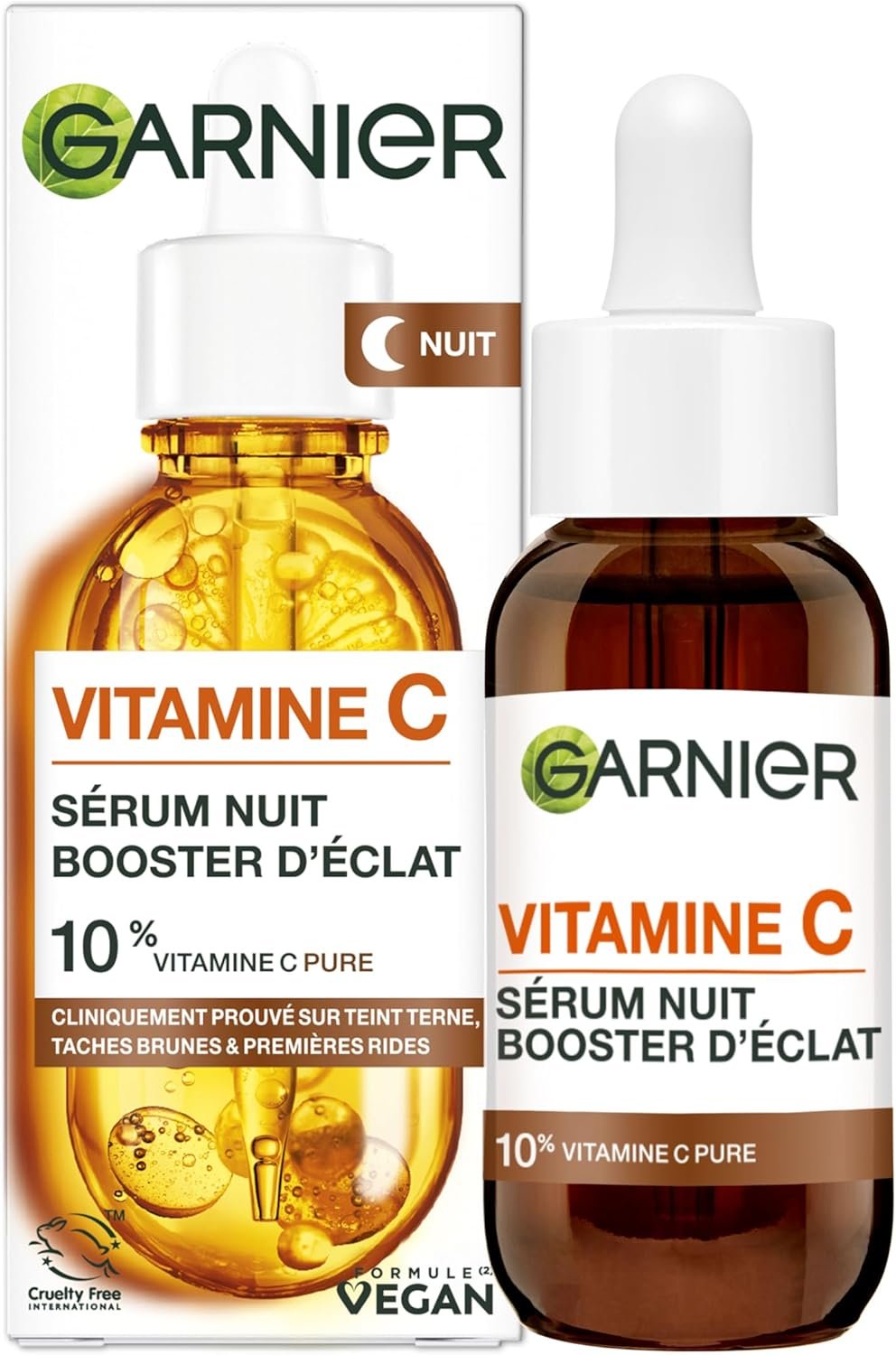 GARNIER Skin Active - Sérum Nuit Booster d’Éclat - Efficace Sur Taches Brunes & Rides - Illumine Le Teint - Vitamine C Pure, Acide Hyaluronique - Vegan & Cruelty Free - Tous Types de Peaux - 30 ml