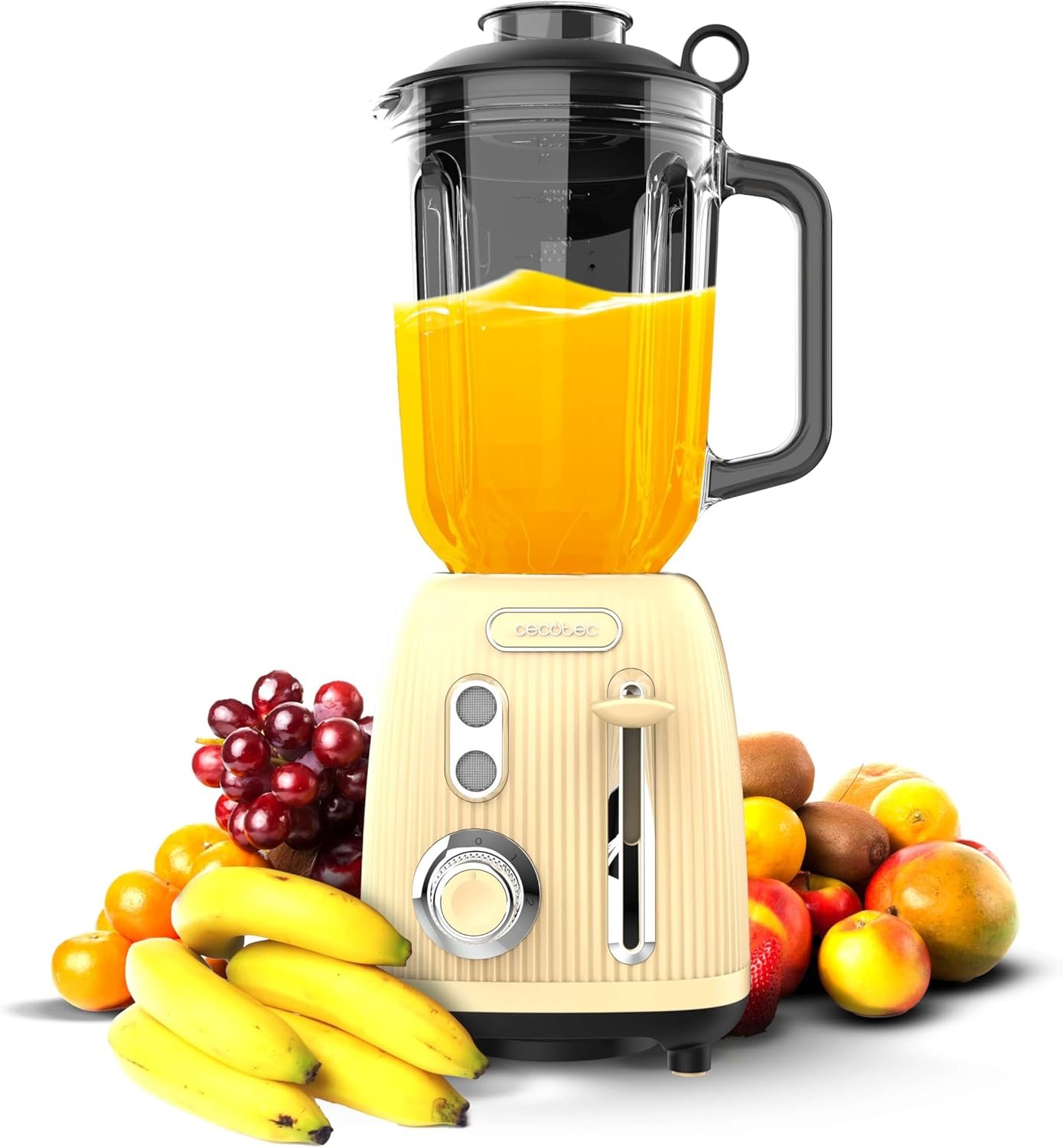 Blender Power Black Titanium RetroYellow. Mixeur rétro d'une puissance maximale de 1200 W, lame à 4 feuilles avec revêtement en titane noir et pichet d'une capacité de 1,5 L