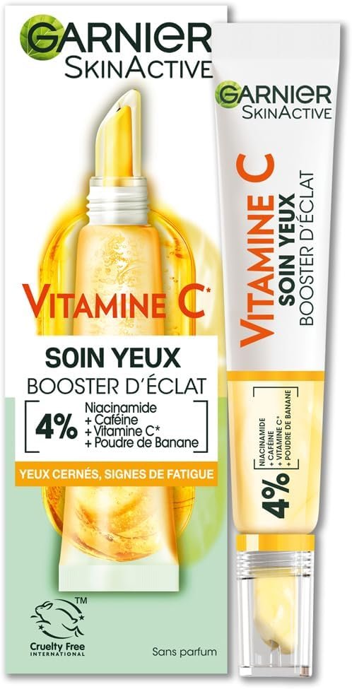 GARNIER Skin Active - Soin Yeux Booster D'Éclat - Réduit Les Cernes & Signes De Fatigue - Niacinamide, Caféine, Vitamine C, Poudre De Banane - Vegan & Cruelty Free - Tous Types de Peaux - 15 ml