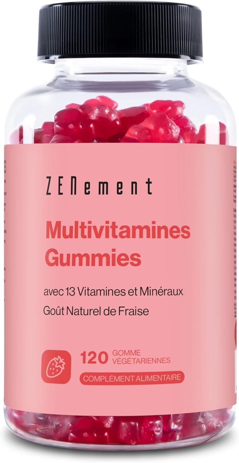 Multivitamines Gummies, avec 13 Vitamines et Minéraux, 120 Gomme Végétariennes | Goût Naturel de Fraise | Avec 13 Vitamines et Minéraux | Sans Gélatine, Végétarien, Sans Gluten