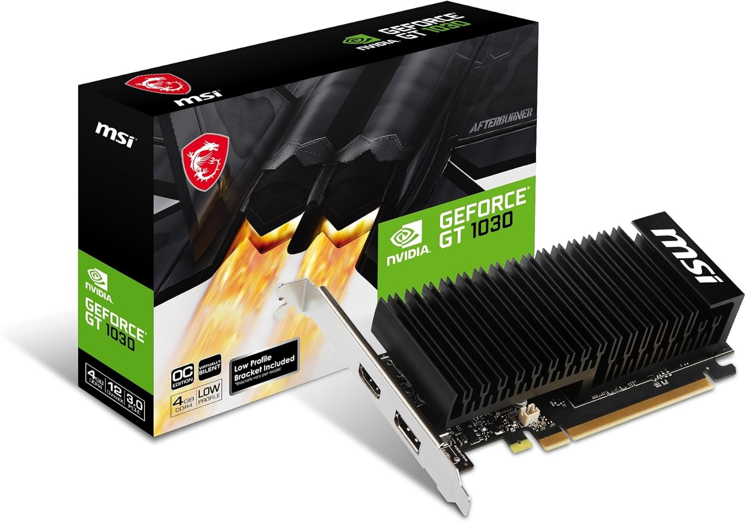 Carte graphique NVIDIA GeForce GT 1030 4GHD4 LP OC – 4 Go GDDR4, fréquence jusqu’à 1430 MHz, interface PCIe, format Low Profile, sorties DisplayPort et HDMI, refroidissement passif sans ventilateur