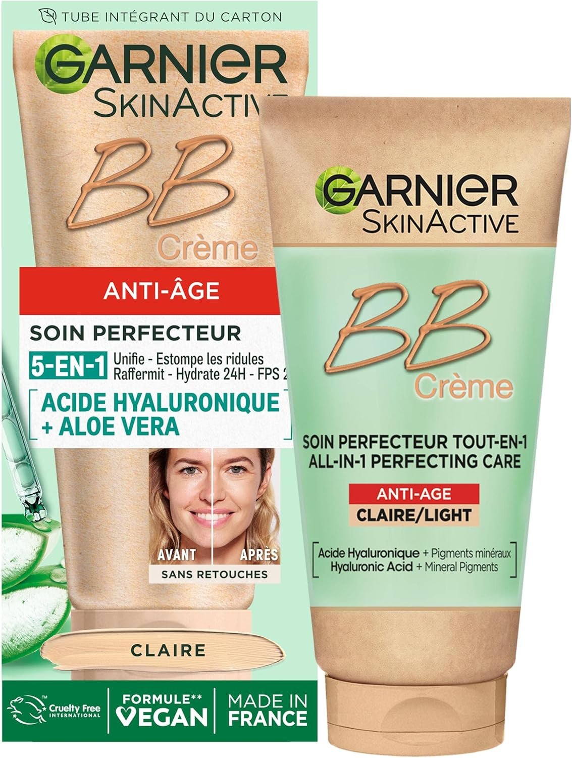 GARNIER Skin Active - BB Crème Anti-Âge - Soin Perfecteur Tout-En-1 - Raffermit & Hydrate - FPS 25 - Acide Hyaluronique & Aloe Vera - Vegan & Cruelty Free - Tous Types de Peaux - Teinte Claire - 50 ml