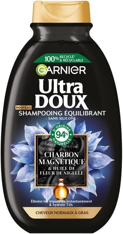 Garnier Ultra Doux - Shampooing Hydratant & Équilibrant au Charbon Magnétique & Fleur de Nigelle - Pour Cheveux Normaux à Gras - 250 ml