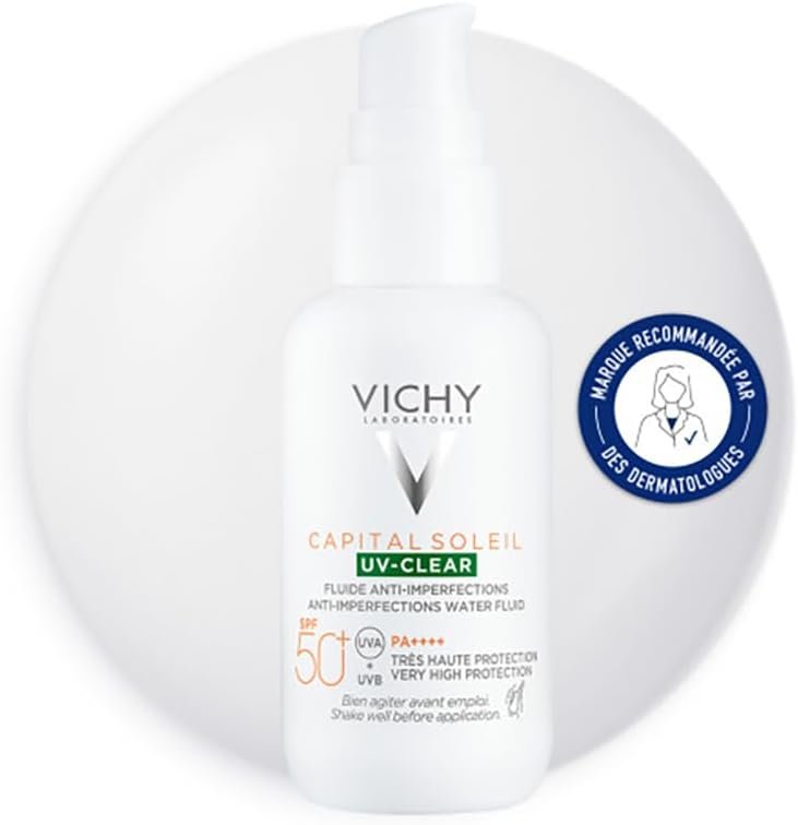 Capital Soleil UV Clear, Fluide Anti-Imperfections Visage, SPF50+, Corrige & Protège, Enrichi en Acide Salicylique, Probiotiques et Niacinamide, Pour Peaux Mixtes à Grasses, 40 ml