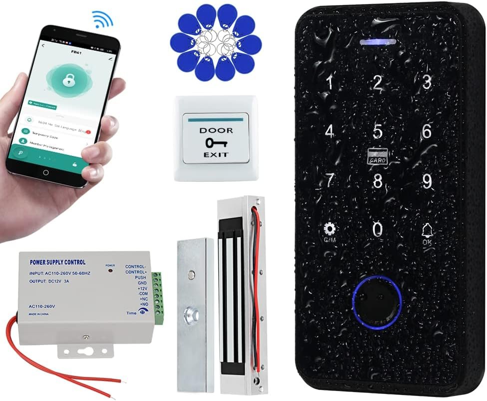 Bluetooth Tuya Système de Contrôle d'accès Kit Imperméable RFID Clavier Empreinte Digitale Biométrique + 180KG / 350lbs Serrure électromagnétique + 10pcs 13.56mz Porte Clés