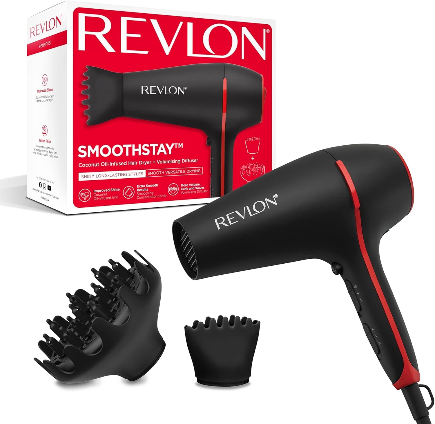 SmoothStay Sèche-cheveux 2000 W avec infusion d'huile de coco, 2 accessoires (peigne diffuseur et concentrateur), technologie ionique tourmaline céramique - RVDR5317