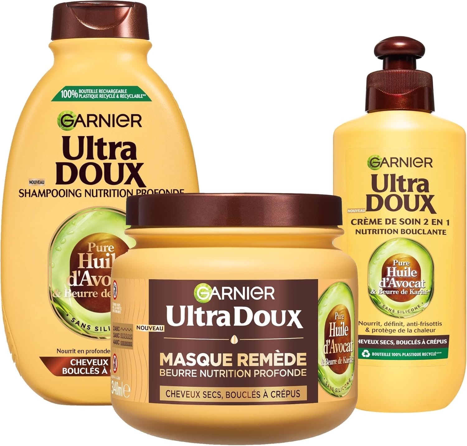 Garnier Ultra Doux - Routine pour Raviver les Boucles des Cheveux Secs, Bouclés à Crépus - À l'Huile d'Avocat et Beurre de Karité - Shampooing, Après-Shampooing et Masque - Homme & Femme