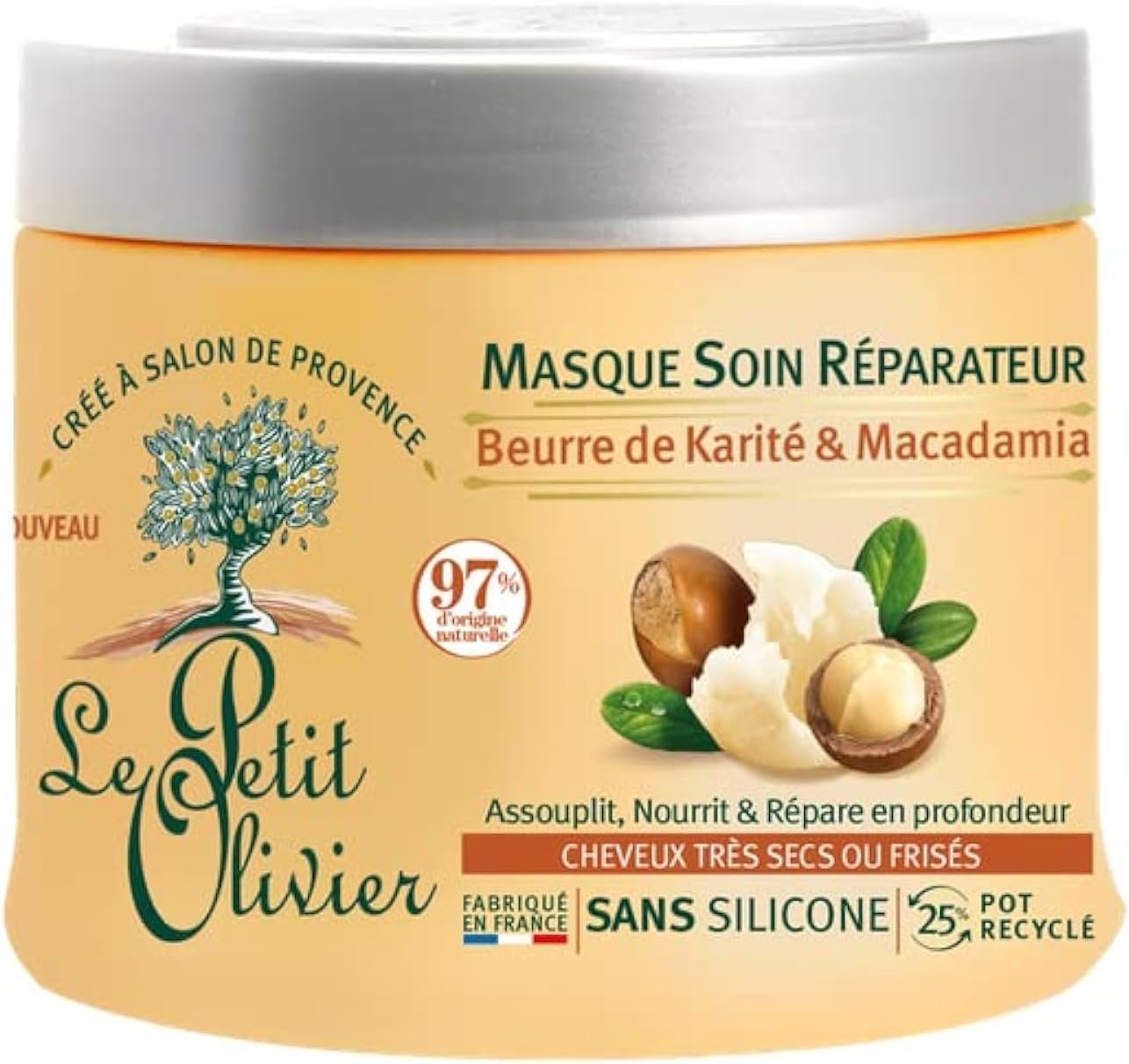 Masque Soin Réparateur - Karité & Macadamia - Assouplit, Nourrit & Répare en Profondeur - Cheveux Secs ou Frisés - Sans Silicone - Fabriqué en France - 330 ml