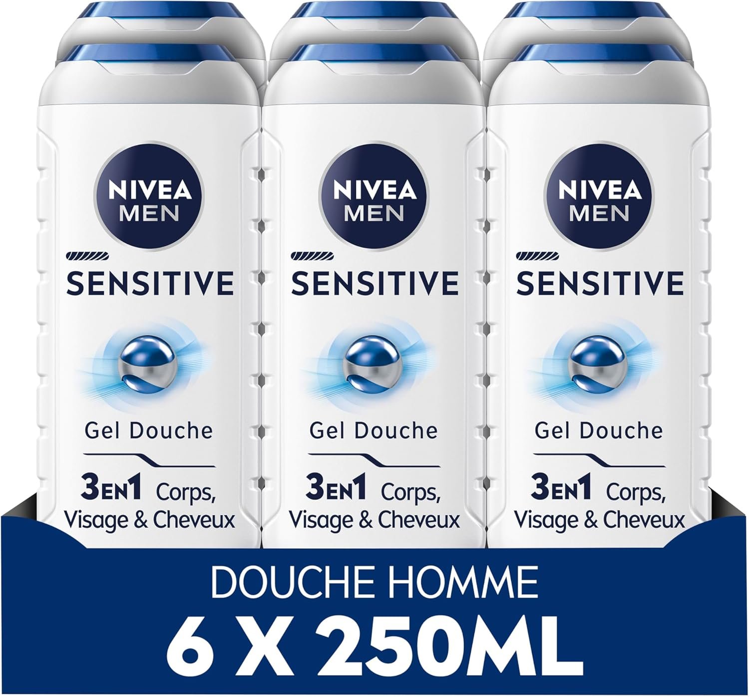 NIVEA MEN Gel Douche Sensitive (lot 6 x 250 ml) — Soin lavant enrichi à l'extrait de Bambou — Gel douche homme 3 EN 1 — Soin nettoyant doux Corps Visage & Cheveux pour les peaux sensibles