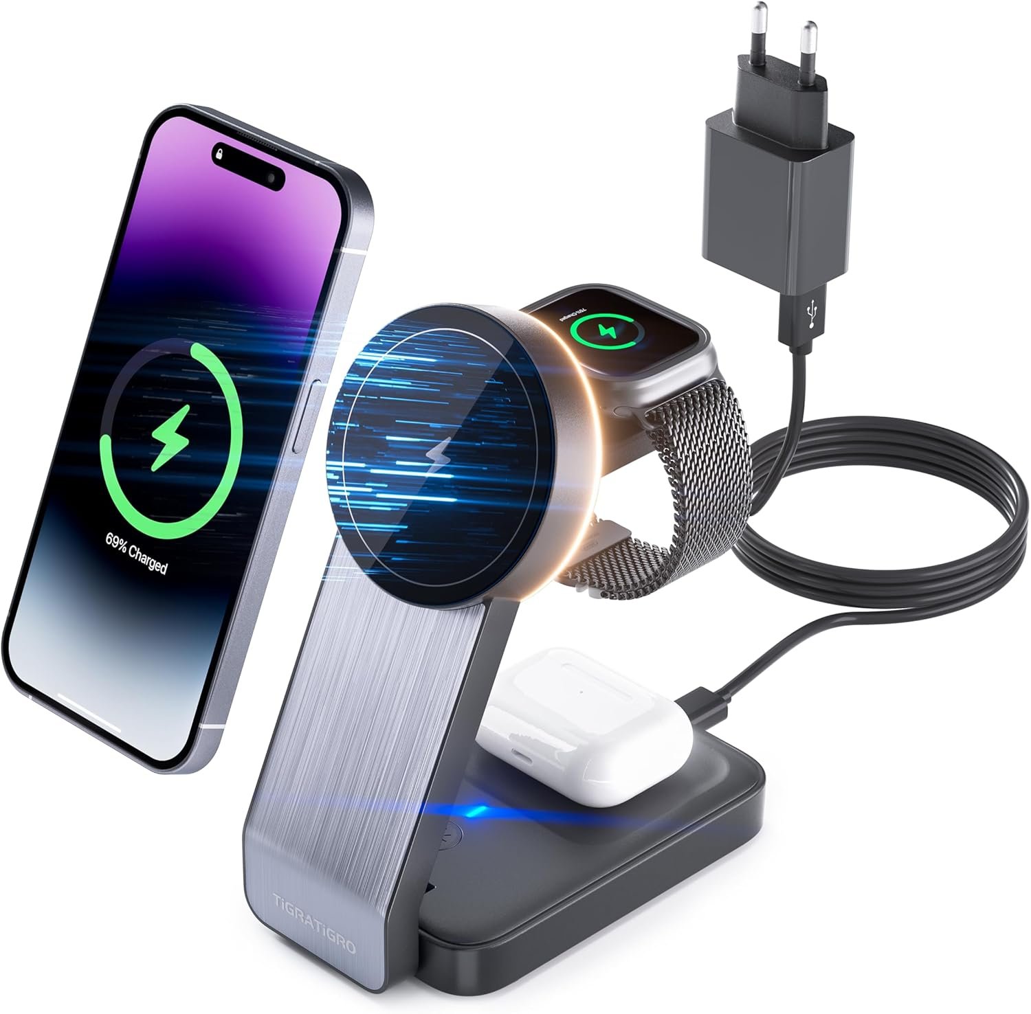 Chargeur sans Fil 3 en 1 magnétique,15W Rapide Mag-Safe Station de Charge Compatible MagSafe iPhone 16 Pro Max Plus 15 14 13 12 AirPods 4 3 2 Pro iWatch - Adaptateur 20W Inclus Noir