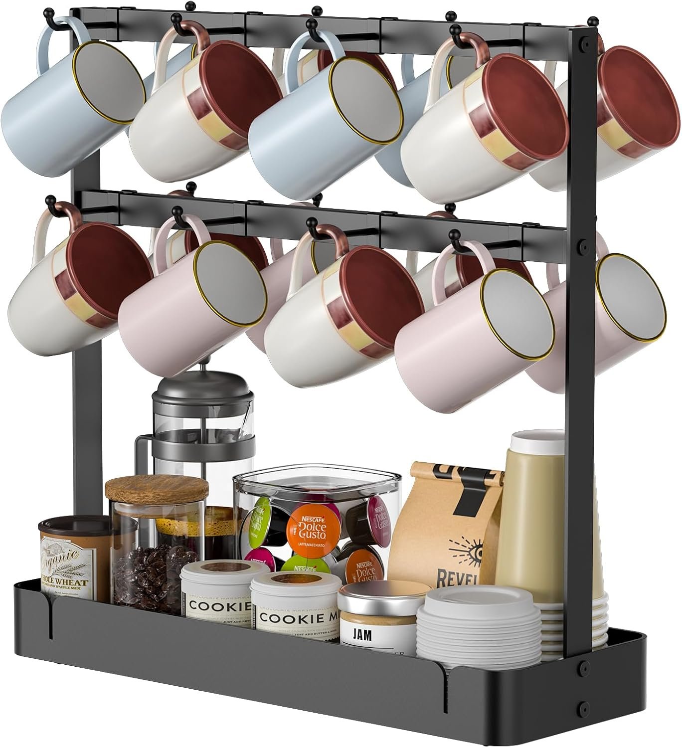 2 Tier Coffee Cup Holder avec 16 crochets mobiles et panier de rangement | Support de tasse de comptoir en métal robuste, magasins de plateau de drain K tasses, sachets de thé et fournitures de café à l'espace de café de cuisine rangée