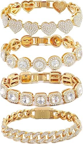 4PCS Bracelets d'or pour les femmes Bracelet de tennis en agneau argenté pour les femmes Cœur Diamant rond Bracelet cubain Layered Link Bracelet Set Fashion Jewelry pour les femmes Ensemble
