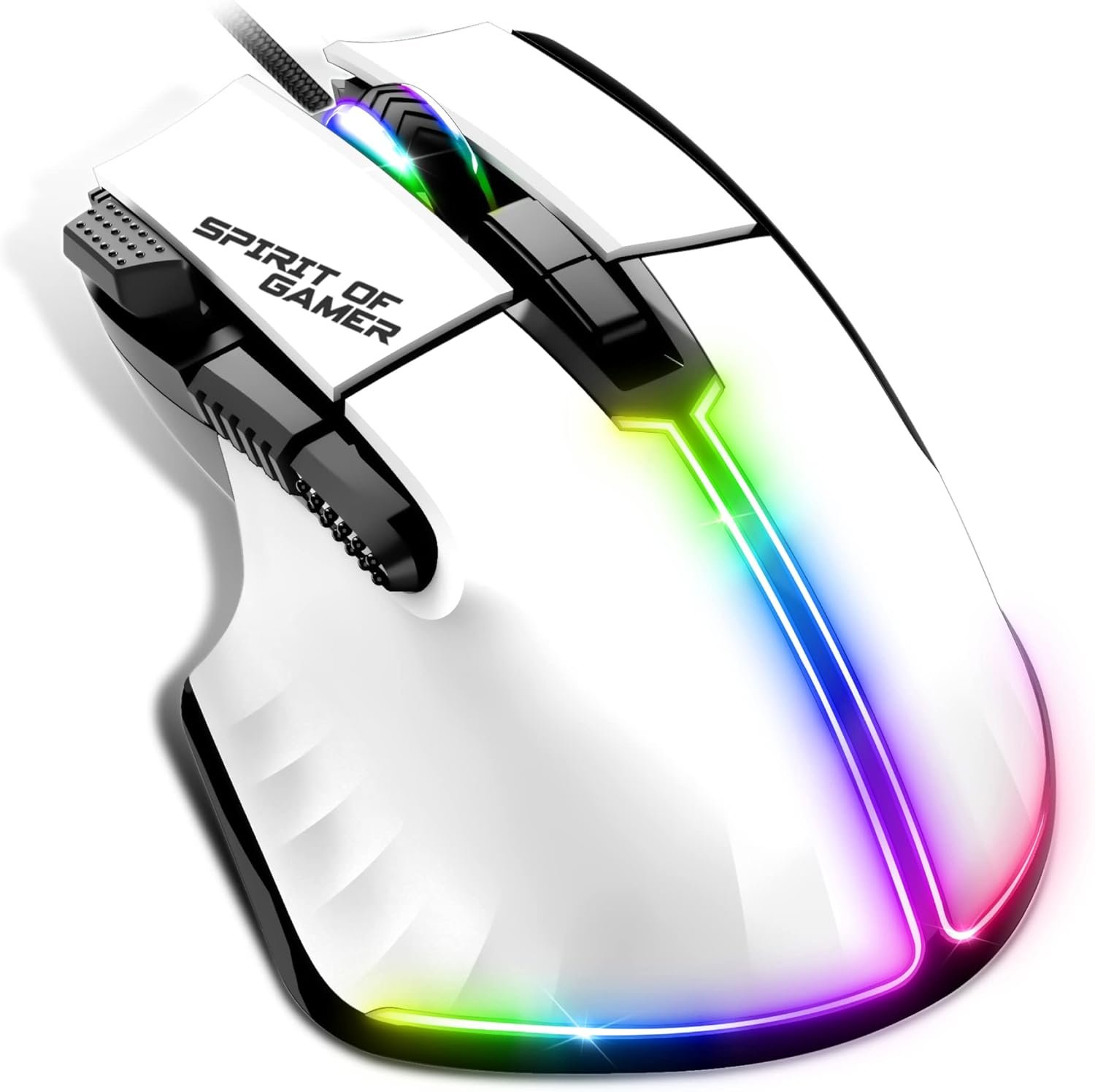 Souris Gamer Blanche Filaire pour PC 12800 DPI | Souris RGB 8 Boutons Programmables/Rapid Fire | 13 Effets de Rétroéclairage | Gaming Mouse Ergonomique avec Repose Pouce