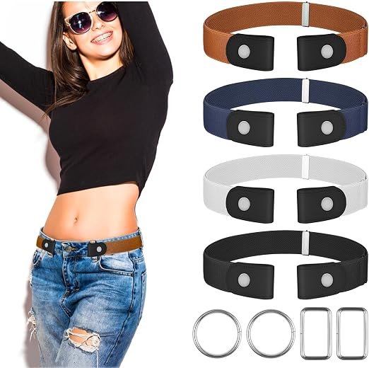 4 Pièces Ceinture sans Boucle Dégagement Rapide, Ceinture Elastique Femme, Ceintures Femme Réglable, Ceinture Invisible pour Jeans Pantalon Robe, Avec 4 Anneaux en Métal