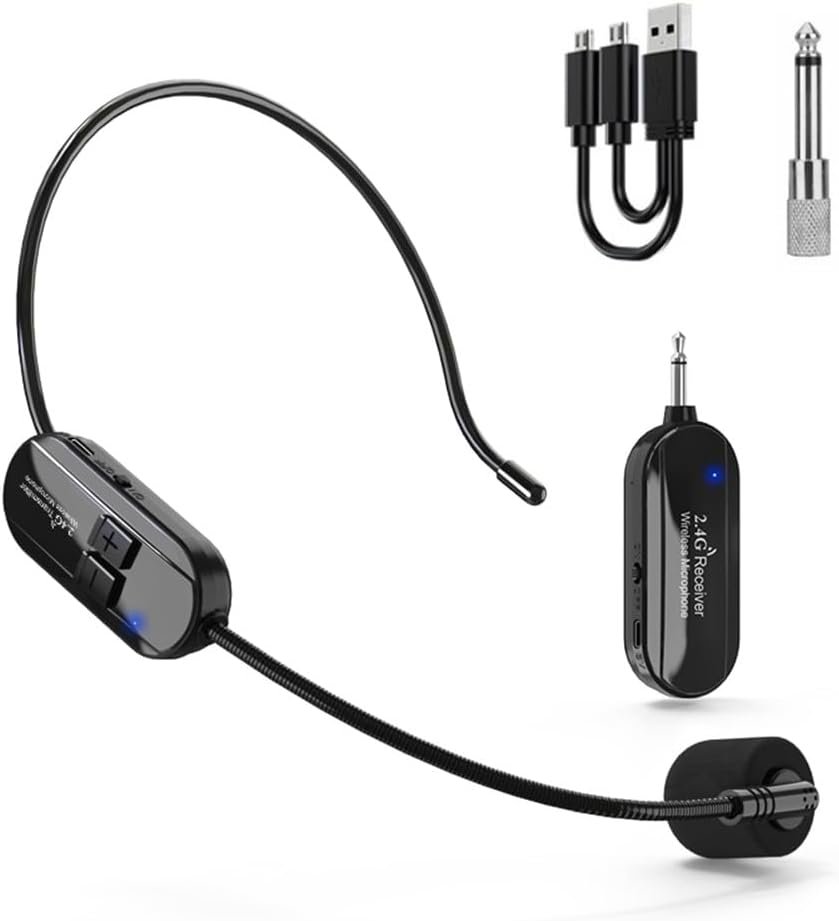 Casque de microphone sans fil 2.4G, micro serre-tête de transmission sans fil avec émetteur rechargeable, pour haut-parleur, enseignement et plus