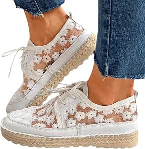 Baskets Basses en Toile Plate Femmes - Chaussures Décontractées Brodées avec Dentelle et Lacets - Respirant