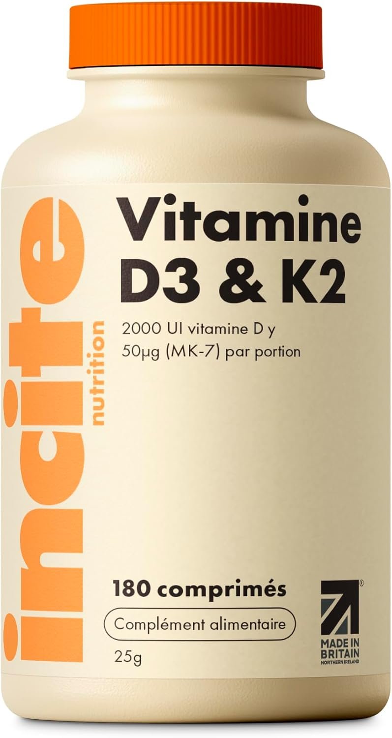 Incite Nutrition Vitamine D3 2000 UI + K2 (MK7) 100 µg – 180 Comprimés Végétariens de Qualité – 12 Mois d'Approvisionnement – Vitamine D3 + K2 de Haute Concentration – Fabriqué au Royaume-Uni