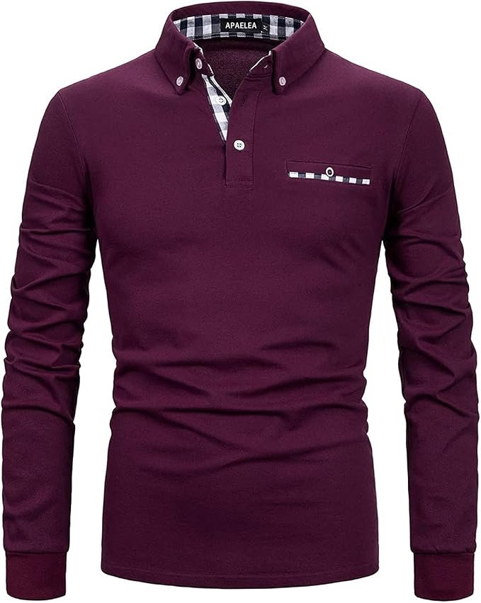 Polo de Golf à Manches Longues Homme Coton Contrasté Plaid épissure Lattice Tennis Shirt