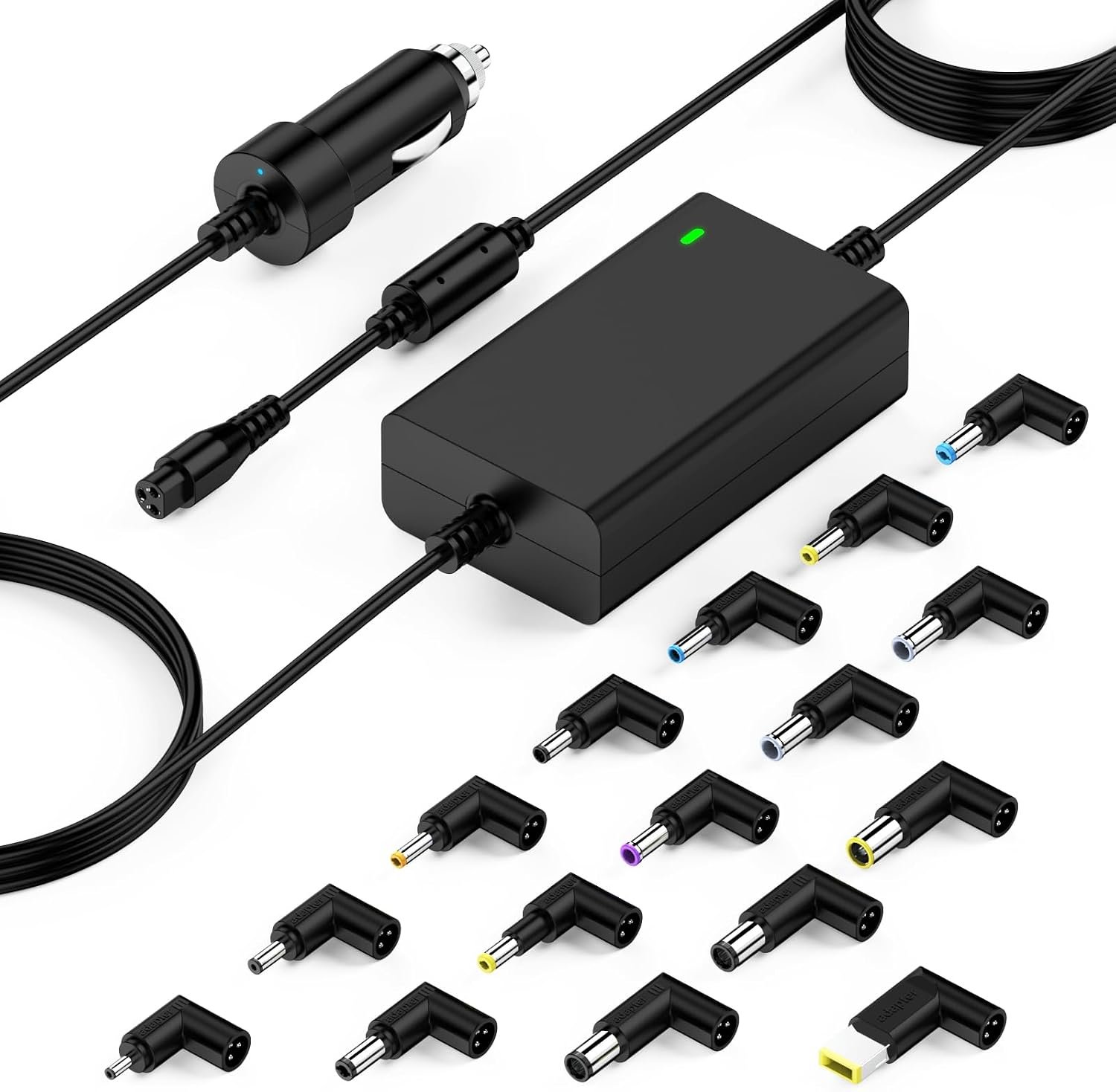 Chargeur de voiture universel 90W pour ordinateur portable – Compatible HP Chromebook, Pavilion, ASUS Vivobook, ZenBook, Lenovo IdeaPad, Acer Aspire, Swift, Sony, Toshiba, Samsung et JBL – Adaptateur secteur avec 16 connecteurs