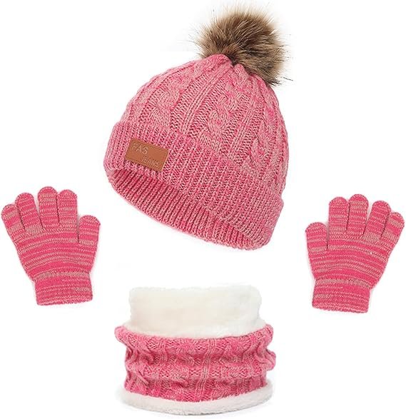 3 en 1 Bonnet Enfant Fille, Ensemble Bonnet Echarpe Enfant, Bonnet Enfant Hiver avec Pompon, Tour de Cou Enfant avec Doublure, Hiver Accessoires Ensemble Set Pour Garcon Enfants 2 à 6 ans