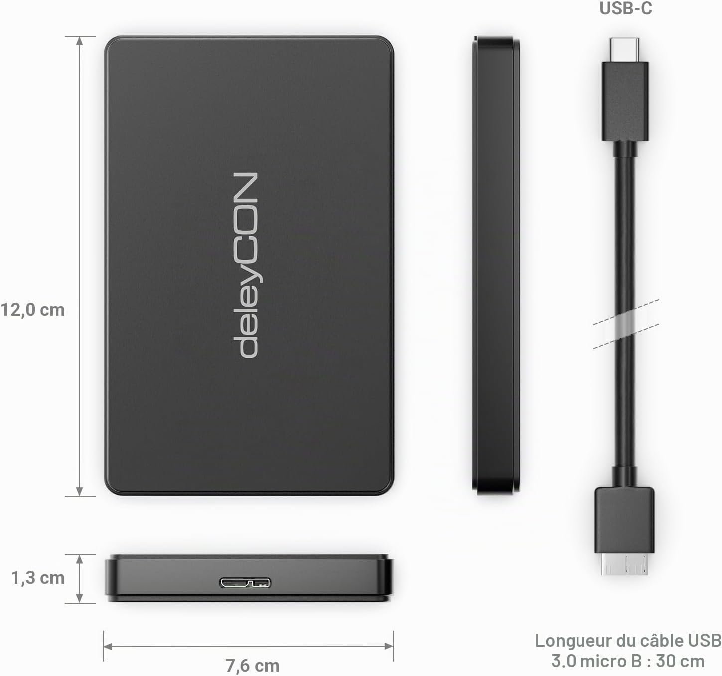 Boîtier SSD USB C (5Gbps USB 3.1) pour Disque SATA 3 2,5“ SSD / HDD / 7 à 9,5 mm - Boîtier Externe UASP [Noir]