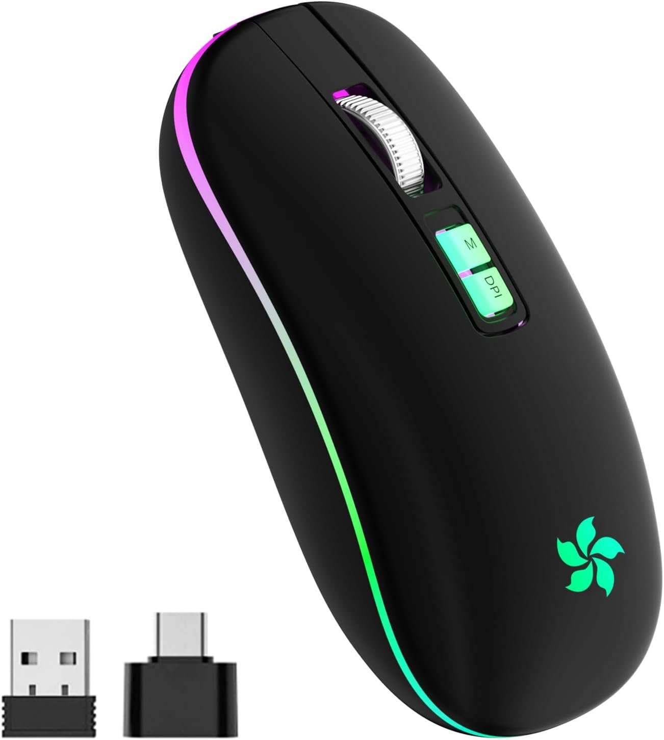 Souris Sans Fil Rechargeable, Souris Ergonomique Sans Fil avec BT 5.1+2.4G Deux Modes, Souris Sans Fil Bluetooth avec Récepteur USB Souris Rétroéclairée de 7 Couleurs Compatible avec PC/Laptop/Windows