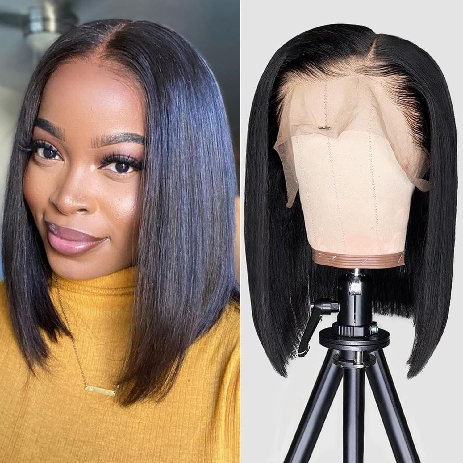Perruque Bresilienne Cheveux Humain 8 Pouce 13x4 Lace Frontal Bob Wig Noire Couleur #1B