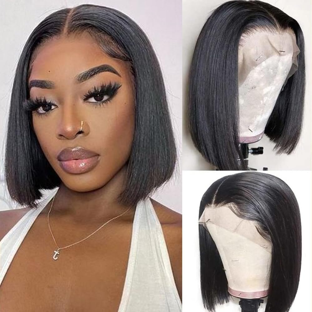 Perruque Femme Naturelle Brésilien Lisse 13x4 Lace Frontal Bob Wig 10 Pouce Couleur Noir