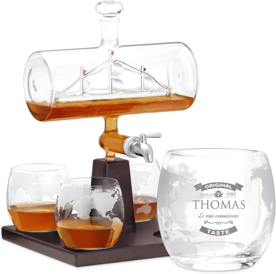 Ensemble de Carafe a Whisky et 4 Verres à Whisky Gravés - 1000 ML Original Carafe en verre - Idee Cadeau homme personnalisé - Cadeau anniversaire homme