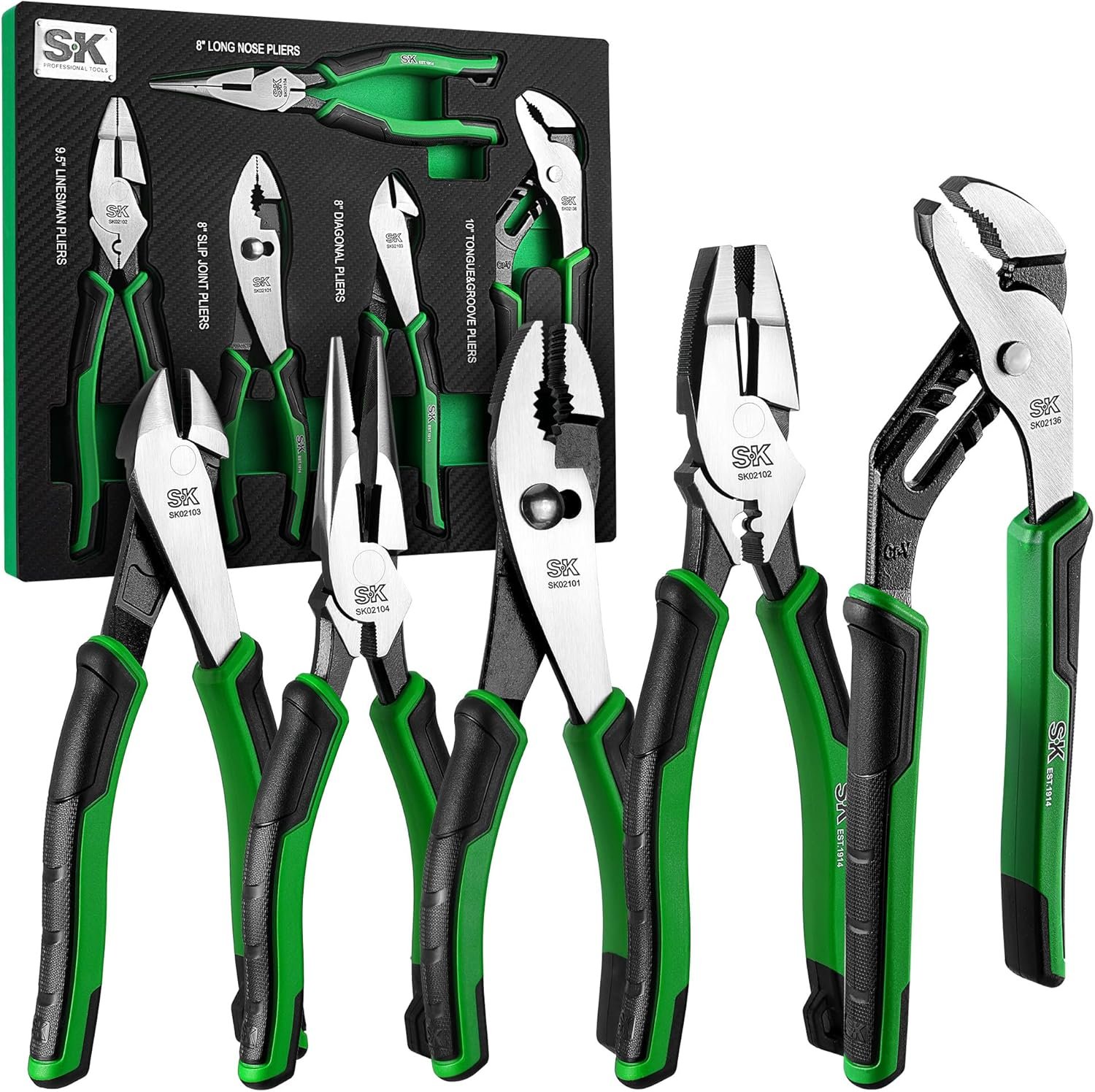 SK 5-Piece Pliers Set, Anti-slip Handle, with EVA Foam Tool Organizer