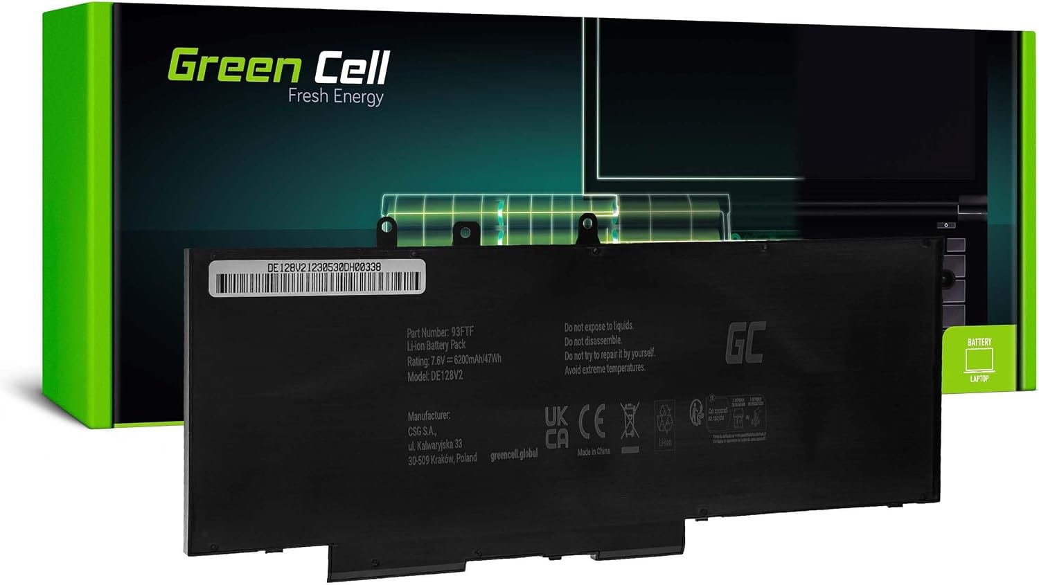Batterie 6000 mAh – 7,6 V pour Dell Latitude 5280 / 5290 / 5480 / 5490 / 5491 / 5495 / 5580 / 5590 / 5591 et Precision 3520 / 3530 – Compatible 93FTF, GJKNX, 451-BBZG et 083XPC