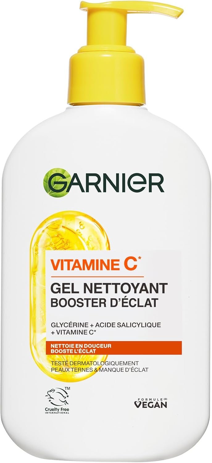 GARNIER Skin Active - Gel Nettoyant Booster D'Éclat - pH Neutre - Démaquille En Douceur, Hydrate & Illumine - Enrichi En Vitamine C & Glycérine - Vegan & Cruelty Free - Tous Types de Peaux - 250 ml