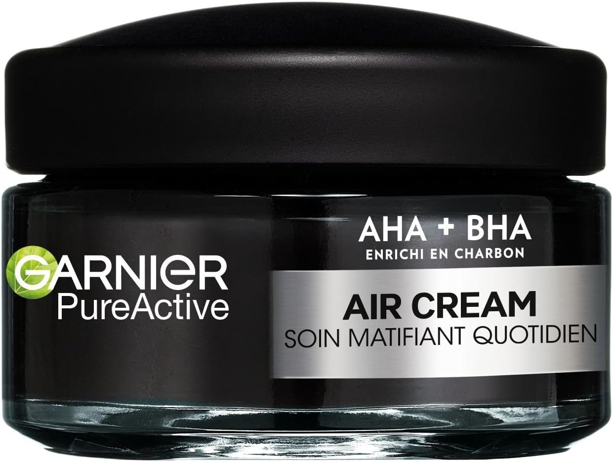 Garnier Pure Active - Air Cream - Soin Matifiant Quotidien - Enrichie en AHA + BHA & en Charbon - Hydrate 48h & Matifie 12h* - Peaux Mixtes à Grasses à Tendance Acnéique - 50 ml