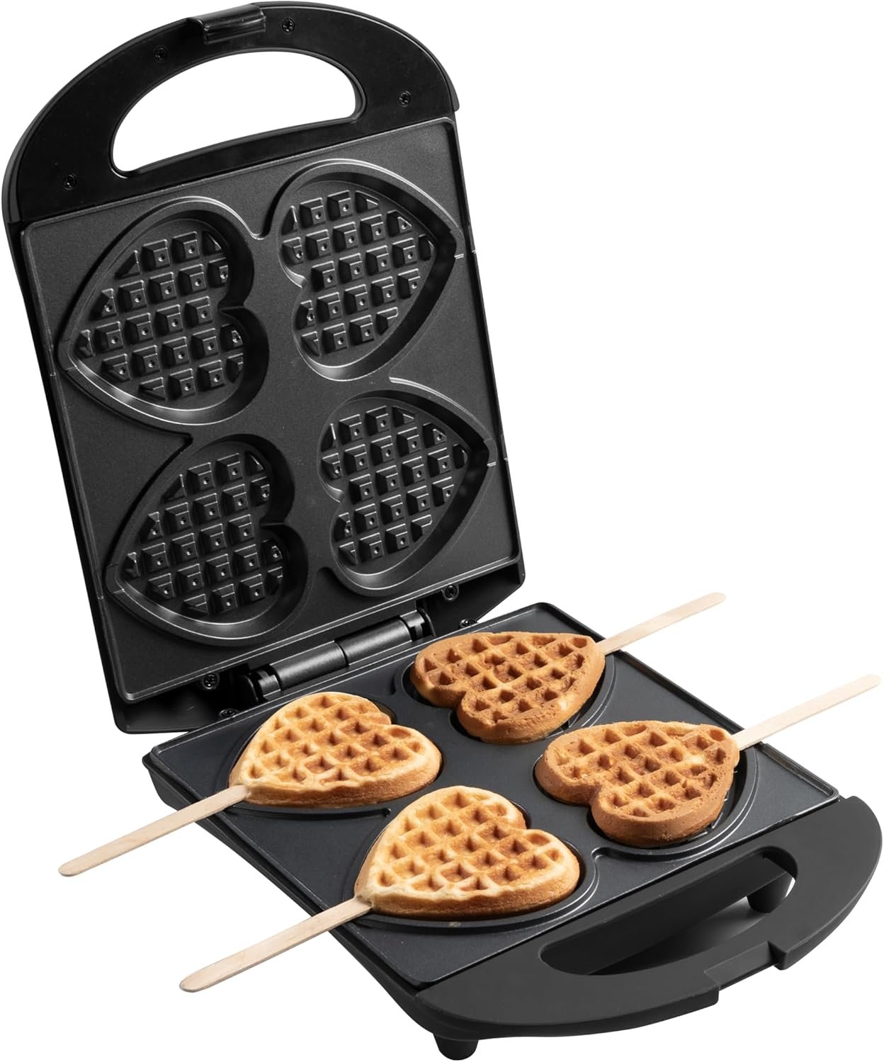 Gaufrier pour gaufres classiques en forme de cœur, Gaufrier avec revêtement anti-adhésif pour gaufres en forme de cœur piquées sur bâtonnet, Design rétro, 700 Watts, Couleur: Noir Mat