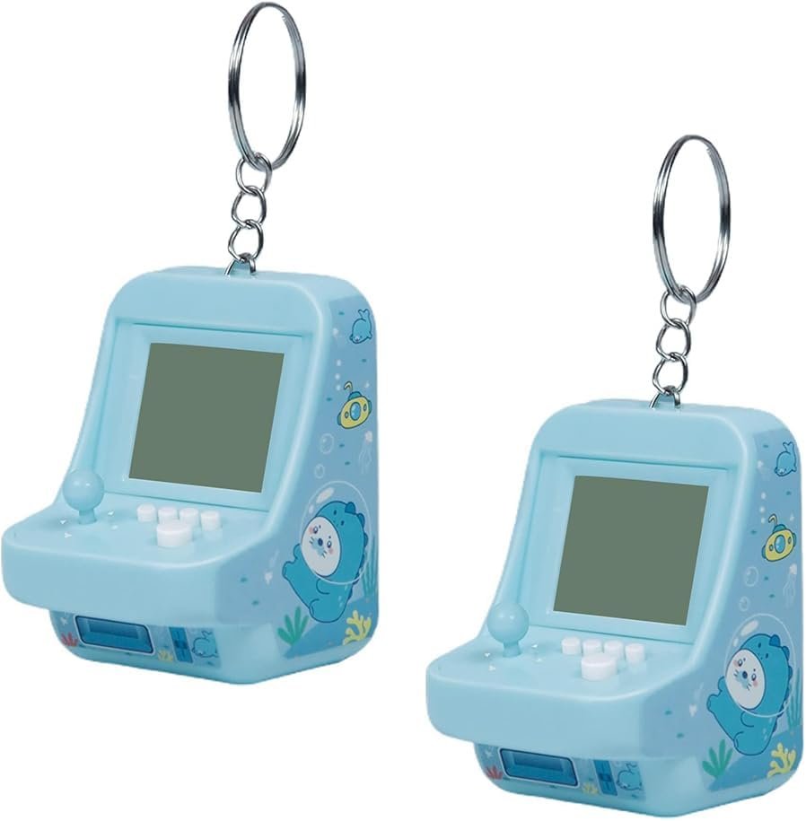 1 paire de mini machines d'arcade bleues avec porte-clés, 26 modes de jeu classiques, prend en charge la musique, mini bloc de construction, console de jeu pour enfants, jeux vidéo Plug and Play
