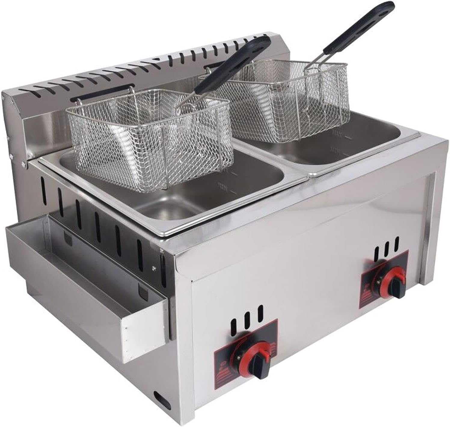 Friteuse à gaz Commerciale 10L x 2, friteuse à gaz Polyvalente pour Un Usage Domestique et Commercial, Flamme et température Personnalisables, Design en Acier Inoxydable Facile à Nettoyer