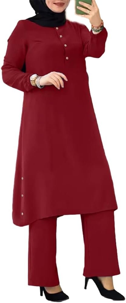 IDOPIP Women's Muslim Abaya Dress 2 Pieces Set Long Sleeve Button Down Shirt and Pants Casual Arabic Islamic Dubai Outfits