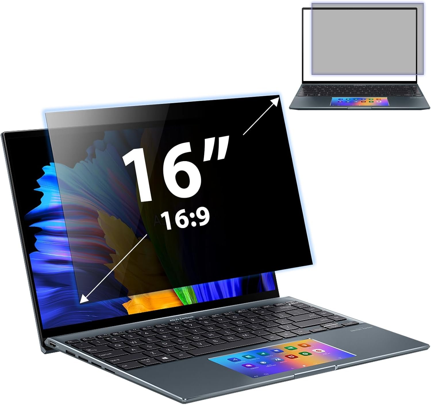 Film de confidentialité anti-espion pour ordinateur portable 16" - Anti-éblouissement - 16:9 - Filtre d'écran amovible - Compatible avec Lenovo SGIN HP Dell Acer Samsung Asus Toshiba