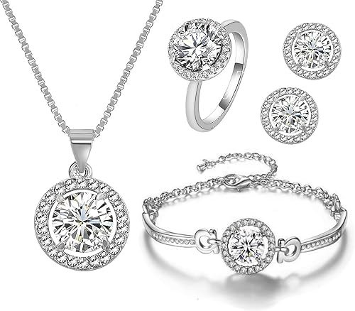 Femmes 4Pièces Cubic Zirconia Jewellery Set Strass Collier Boucles d'oreilles Bracelet Anneau