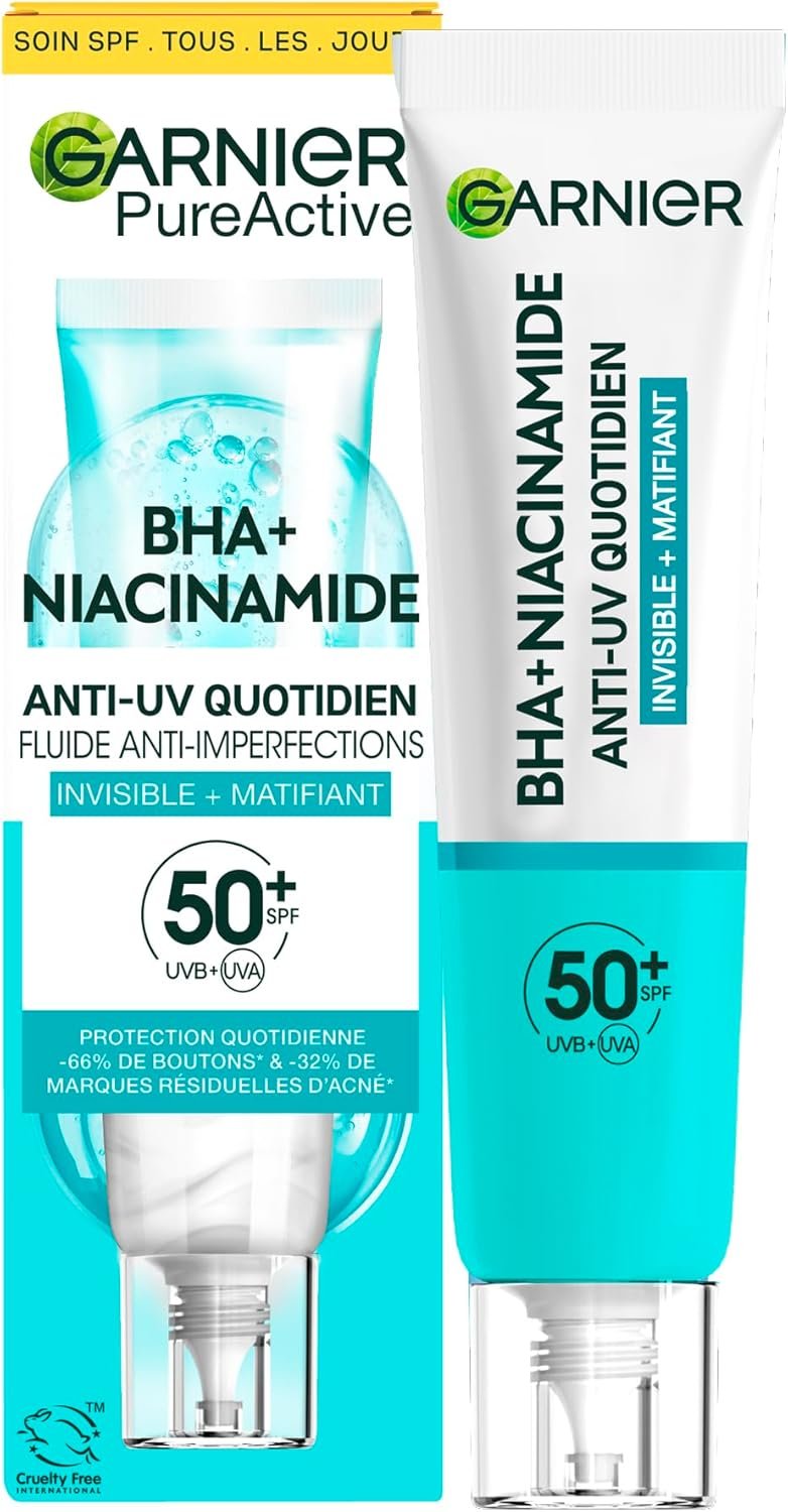 GARNIER SkinActive - Fluide Anti-UV Matifiant & Anti-Imperfections Quotidien - SPF 50+ - Protège & Réduit les Imperfections - Enrichi en BHA & Niacinamide - Pour Peaux à Tendance Acnéique - 40 ml